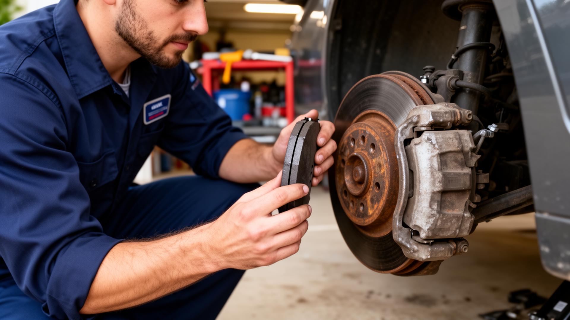 Mobile mechanic holding a new brake pad next to a worn brake rotor during a driveway brake inspection