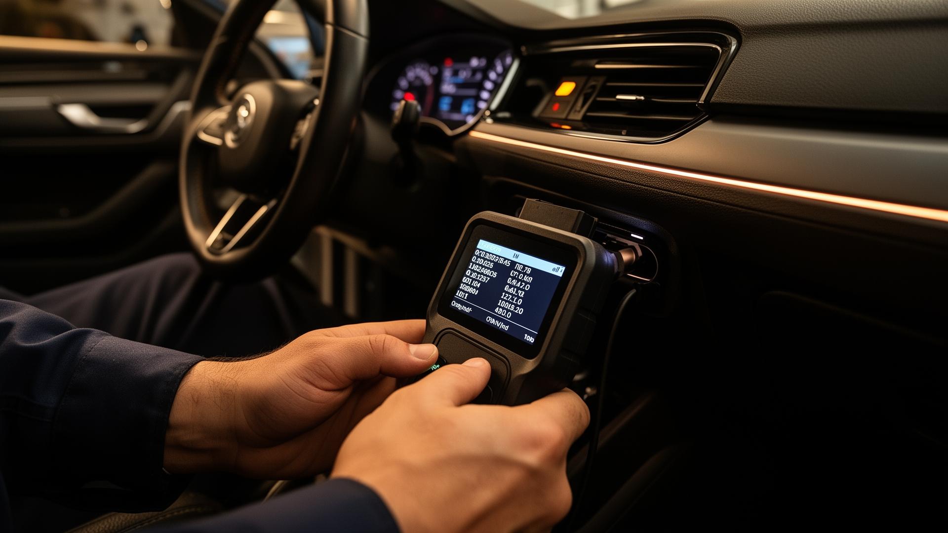 Technician plugging an OBD-II scanner into a car's diagnostic port to read check engine light codes