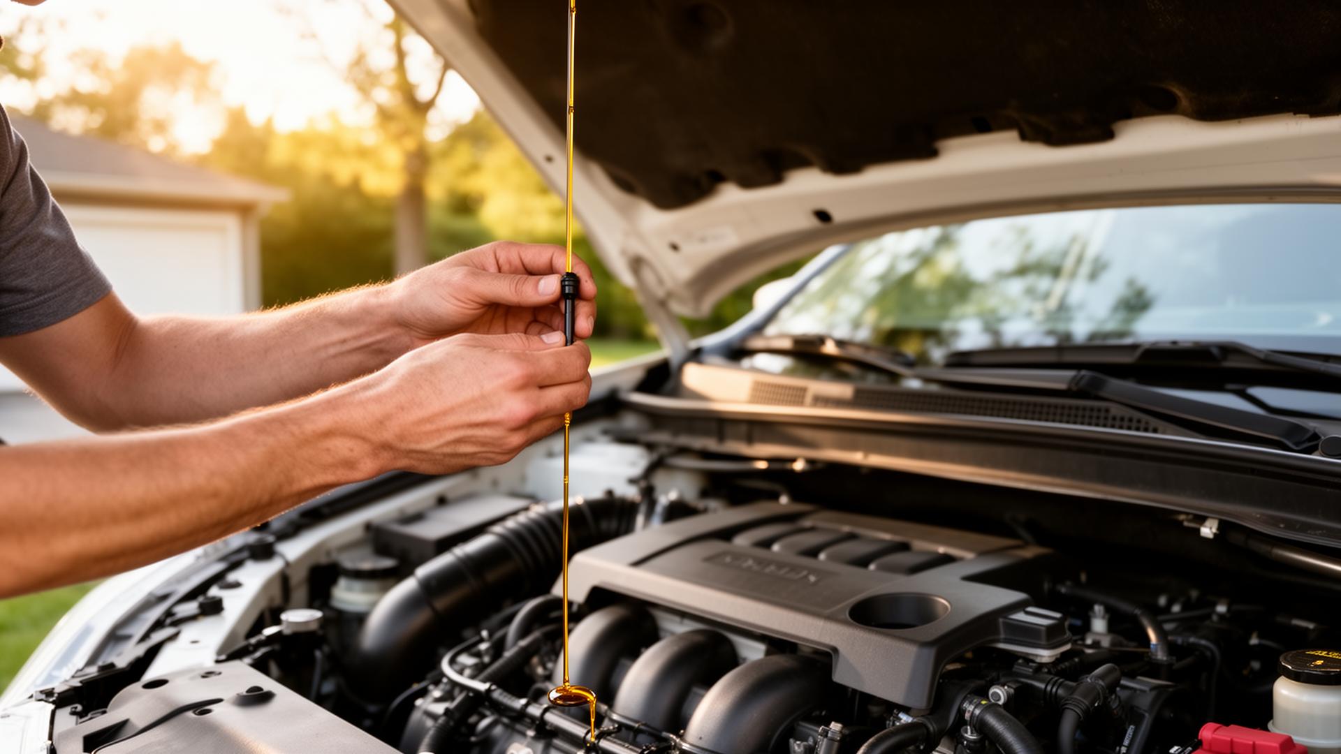 Driver pulling the engine oil dipstick to check oil level in a clean engine bay at sunrise