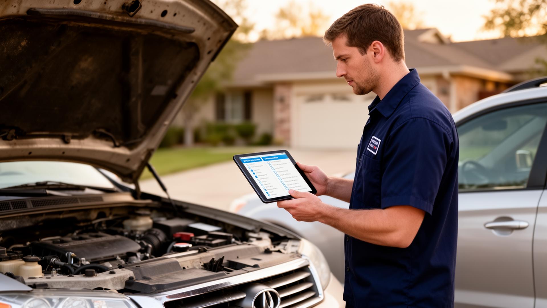 Mobile mechanic in a navy work shirt inspecting a used car with the hood open in a suburban driveway