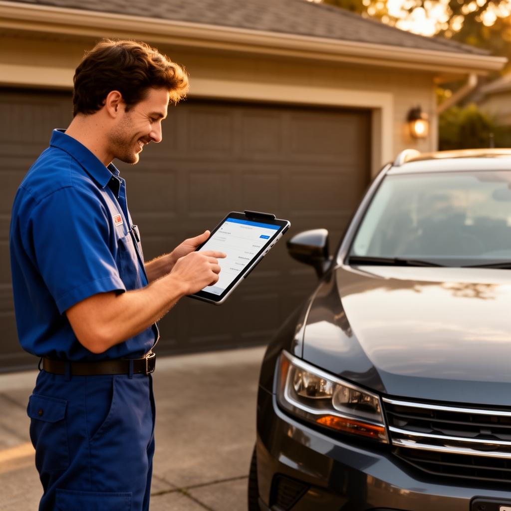 Proficient Auto mobile mechanic preparing a same-day quote on a tablet next to a customer's vehicle